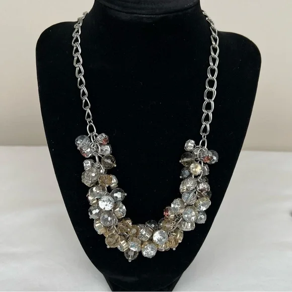 Multiple crystal layered necklace w/ gold, gray & clear stones. Silver chain 18” - Picture 2 of 4